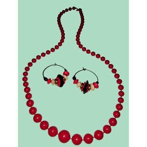 Vintage Red Beaded Necklace & Matching Earrings Set 28" Long Plastic & Wooden Be